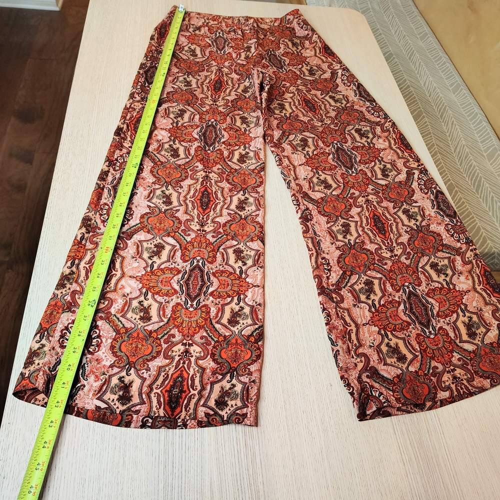 Vintage 90s H&M Silk Wide-Leg Red Orange Paisley Pants Size 8 Retro Boho Indie